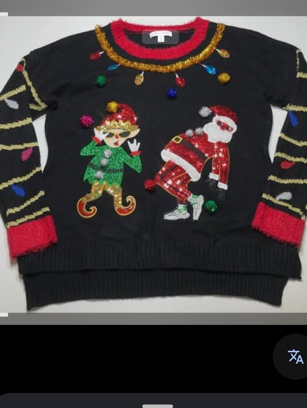 Women's Festive Black Christmas Sweater with Elf and Santa Sequin Appliqués